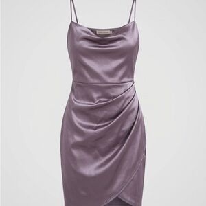 Satin Cowl Neck Slip Mini Dress with Ruched Drape Asymmetrical Hem
 Lavender